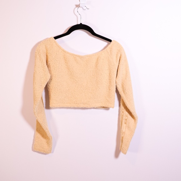 Adidas Originals Relaxed Fluffy Knit Stretch Ruched Cropped Top Hazy Beige S - Picture 4 of 4